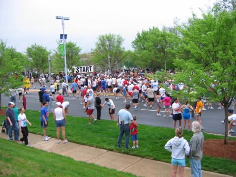 1985 Ford LTD Crown Victoria - A large group of runners and spectators are gathered at the start of a marathon event.