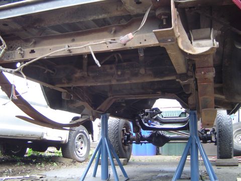 1979 Ford Bronco - The underside of a vehicle is visible, supported by jack stands, revealing its suspension and drivetrain components.