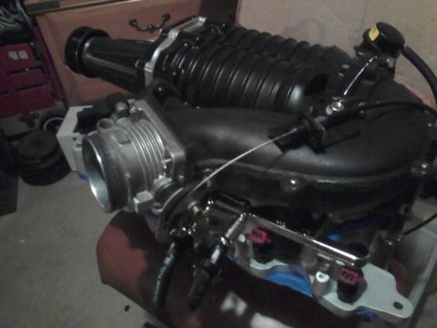 1996 Mercury Grand Marquis - A test fit later on with flipped inlet. Note the now satin-black blower. The throttle body had to be flipped 180 to clear the new IAC locat…