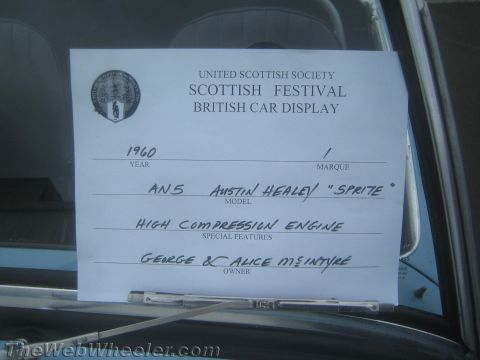 1968 Ford Mustang - Handwritten car-show display card identifying a 1960 Austin Healey Sprite, its engine, and owner.