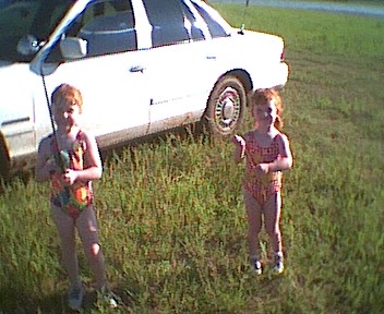 1995 Ford Crown Victoria - Two young children in swimsuits stand in a grassy field next to a white sedan.