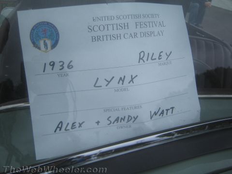 1968 Ford Mustang - Handwritten car-show display card identifying a 1936 Riley Lynx and its owners.