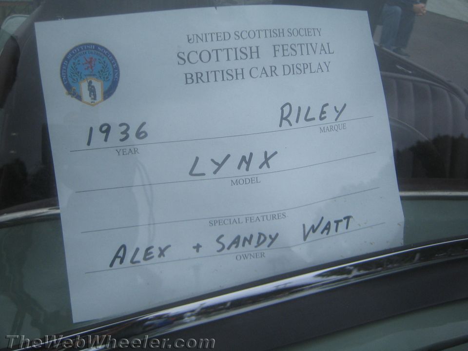 Handwritten Scottish Festival car-display card: 1936 Riley Lynx