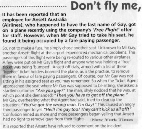 1995 Ford Crown Victoria - Article recounts an incident involving a passenger named Gay and a flight mix-up on Ansett Australia.