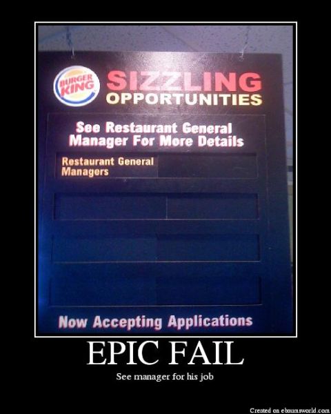 2000 Mercury Grand Marquis - A Burger King hiring sign with job opportunities and an "EPIC FAIL" caption is displayed.