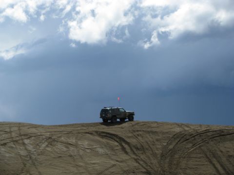 1994 Ford Bronco - SUV parked on a sand dune with tire tracks visible.