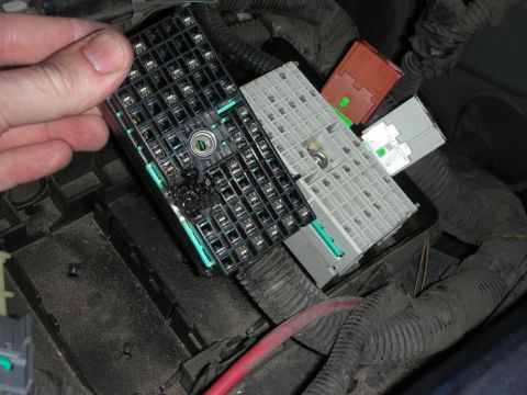 1998 Ford Crown Victoria - hand holds up a vehicle fuse box showing a charred connector beside wiring harnesses in the engine bay.