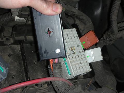 1998 Ford Crown Victoria - hand holds a black relay or module up from the engine bay near gray connectors and a red battery cable.