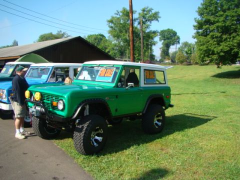 1994 Ford Bronco - A green Ford Bronco is parked on a grassy area next to other vehicles, with 'For Sale' signs visible in the windows.