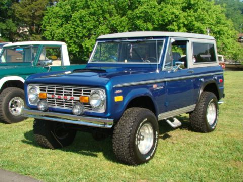 1994 Ford Bronco - A blue Ford Bronco is parked on a grassy field with trees in the background.