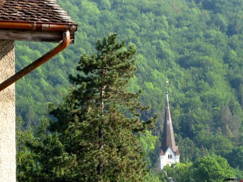 1996 Ford Bronco - A church steeple is visible through trees on a lush green hillside, with part of a building in the foreground.