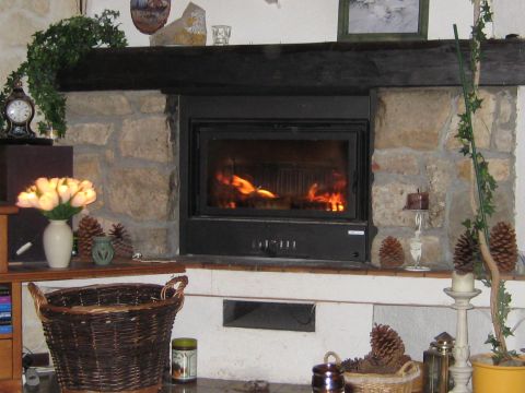 1996 Ford Bronco - A cozy fireplace scene with a roaring fire, surrounded by rustic stone and decorative elements.