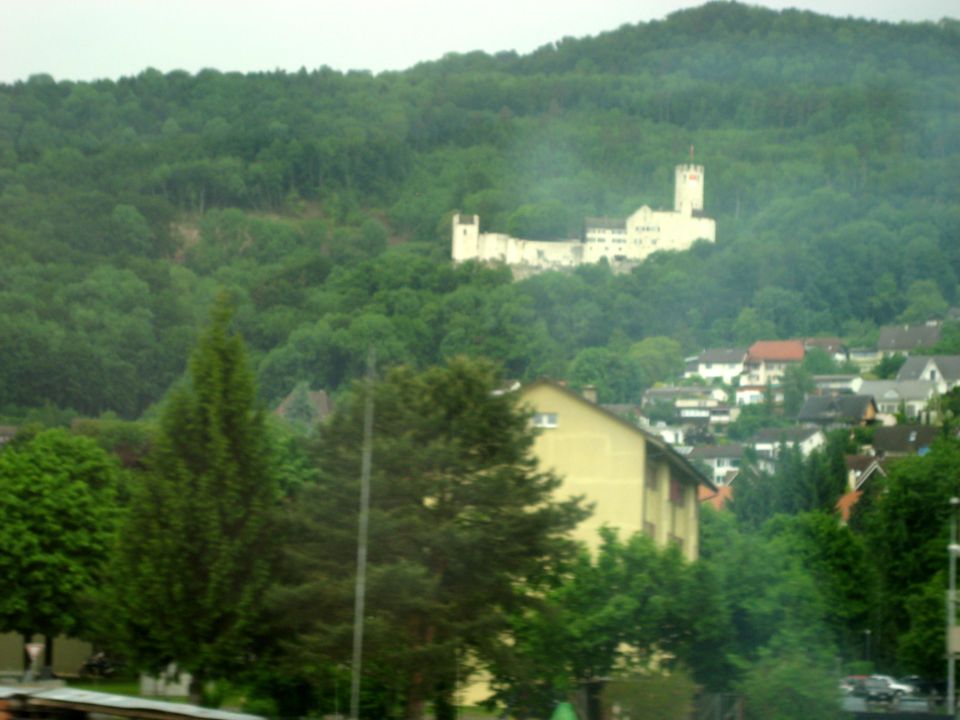 Castle on a wooded hill above a town with yellow building in foreground