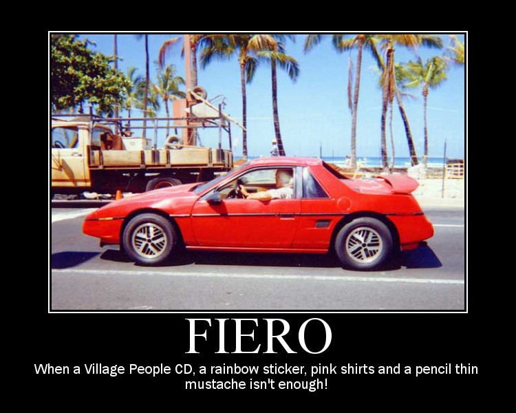 Red Pontiac Fiero driving past a truck with palm trees and beach in background