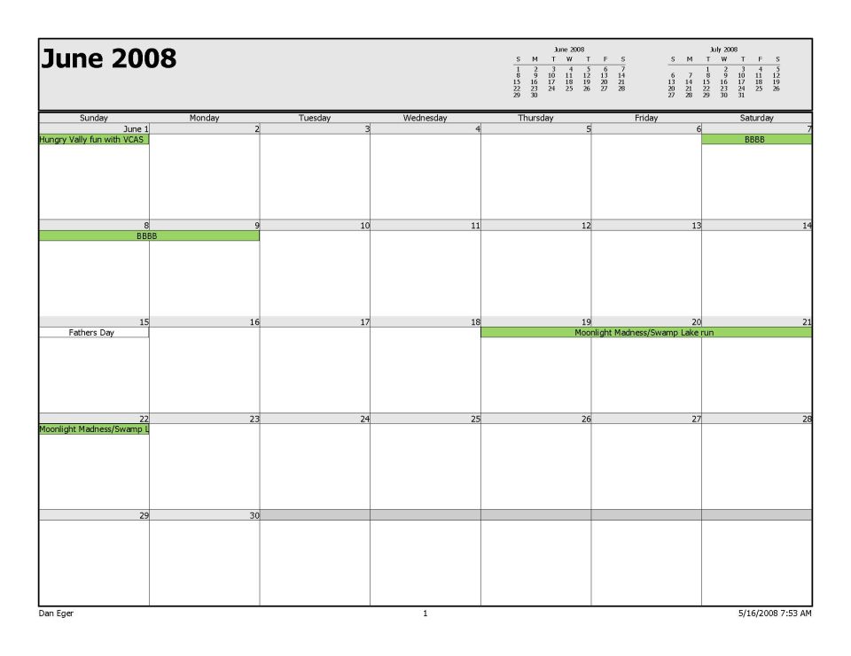 Printed June 2008 calendar page with event entries, no vehicle shown.