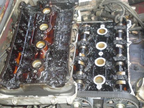 1995 Ford Probe - Severe sludge accumulation is visible within the engine's valve cover and camshaft assembly, indicating potential maintenance issues.