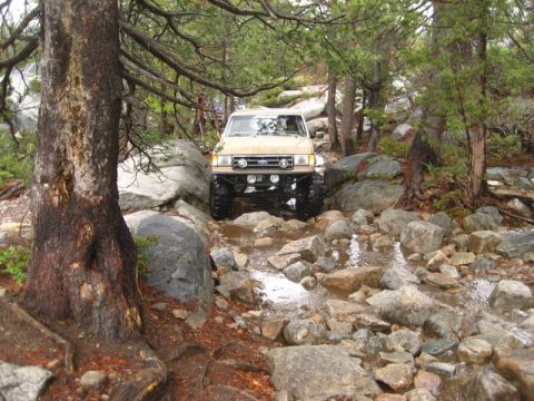 1989 Ford Bronco - A tan Ford Bronco drives through a rocky stream bed surrounded by trees.