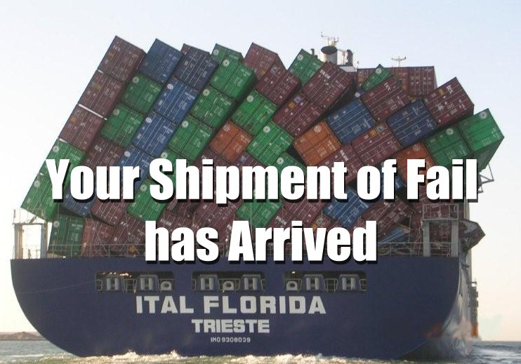 Meme of container ship ITAL FLORIDA with collapsed container stacks