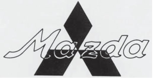 Black and white Mazda script logo over a diamond Mitsubishi-style emblem