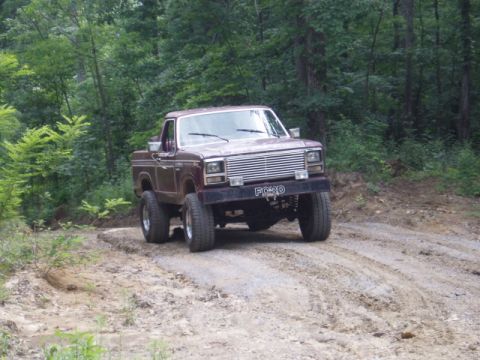 1980 Ford Bronco - This Ford pickup truck is navigating a muddy, wooded trail.