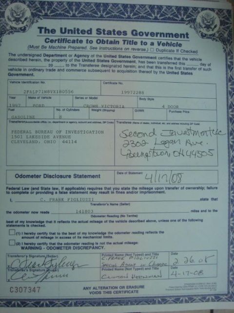 1991 Ford Crown Victoria - Vehicle title document from the United States Government lists a 1997 Ford Crown Victoria.
