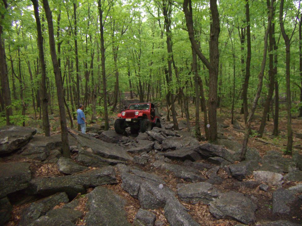 Red Jeep Wrangler off-roading on a rocky trail in a forest.