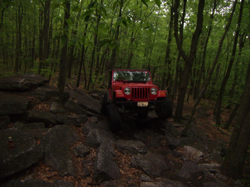 Red Jeep Wrangler on a rocky forest trail.