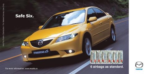 2003 Mazda 6 - This advertisement highlights the safety features of the 2003 Mazda 6, emphasizing its six airbags.