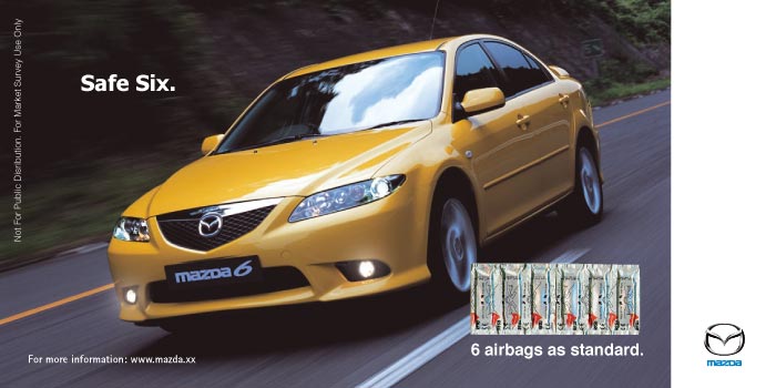 Mazda 6 'Safe Six' print ad with yellow sedan and six-airbags-standard tagline