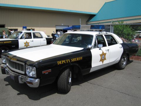 1991 Ford LTD Crown Victoria - black and white Dodge Deputy Sheriff sedan with a star door emblem and roof lights parked at a show.
