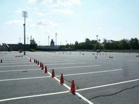 2001 Mercury Grand Marquis - Photograph of orange traffic cones laid out for an autocross course in a stadium parking lot.