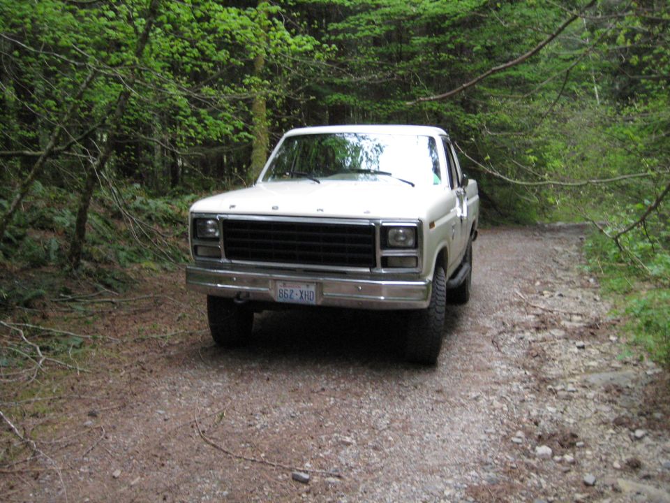 White 1980s Ford pickup truck on a gravel road in a forest.