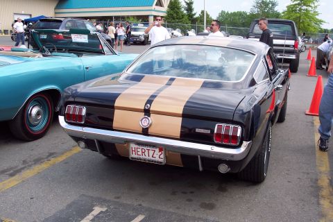2001 Ford Crown Victoria - Rear view of a black 1965 Ford Mustang Fastback with gold racing stripes and a custom license plate.