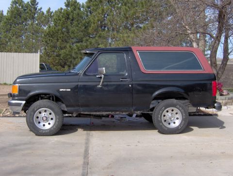 1987 Ford Bronco - This 1987 Ford Bronco is presented in a side profile, its black exterior and contrasting red removable top.
