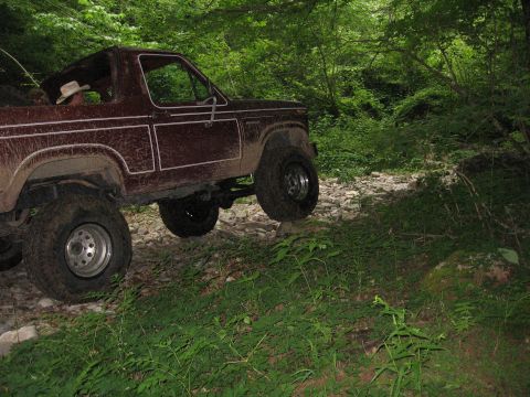 1980 Ford Bronco - This Ford Bronco is navigating a challenging off-road path through a dense forest.