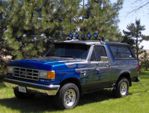1987 Ford Bronco - A gray and blue 1987 Ford Bronco with flame graphics is parked on a grassy lawn with pine trees in the background. The vehicle has a roof r…