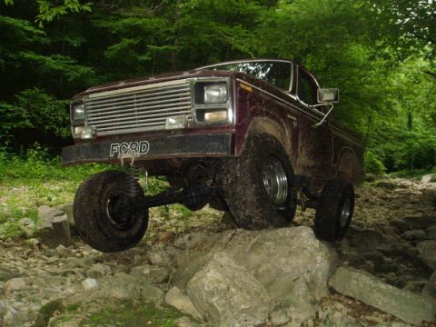 1980 Ford Bronco - Ford Bronco climbing over rocks in a wooded area.