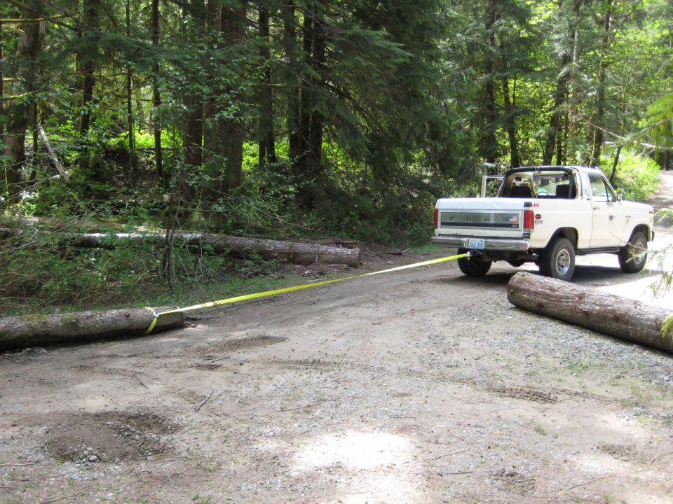 White Ford Bronco towing a log with a yellow strap in a forest.
