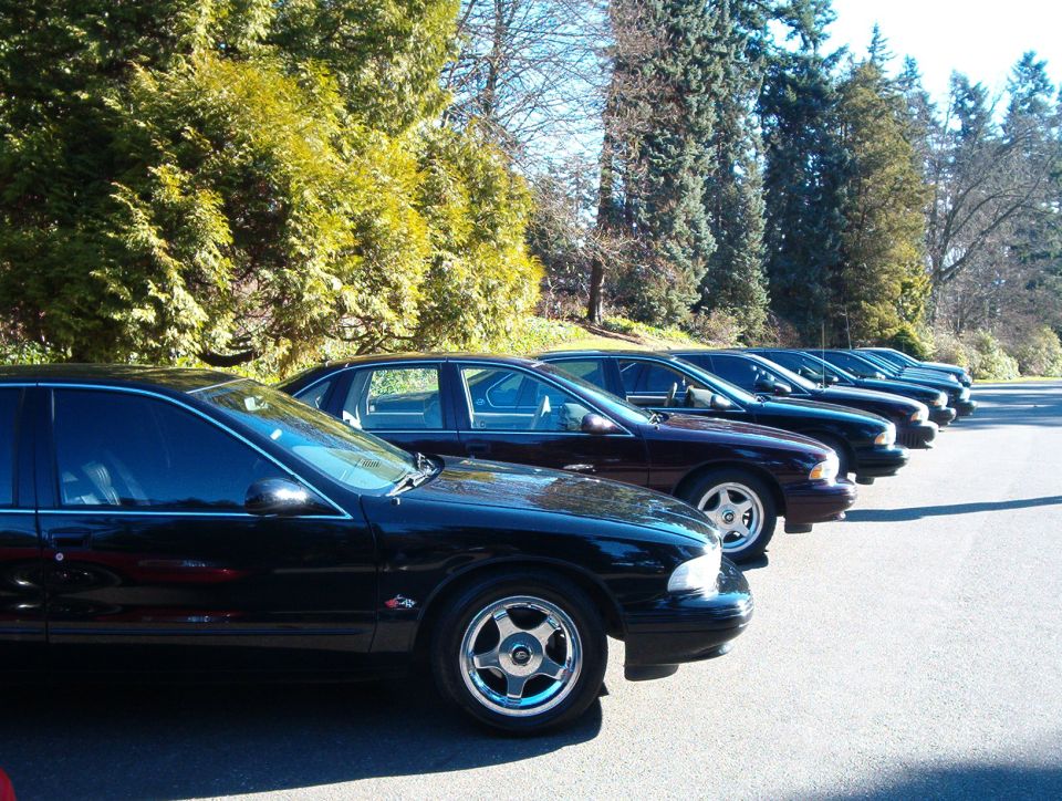 Row of black full-size sedans parked in a tree-lined lot, front car with chrome wheels.