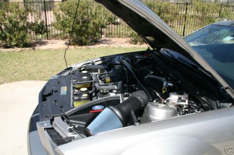 2008 Ford Mustang - The engine bay of a 2008 Ford Mustang shows a Ford Racing air intake system.
