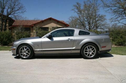 2008 Ford Mustang - Side view of a silver Ford Mustang Shelby GT500 with black racing stripes.