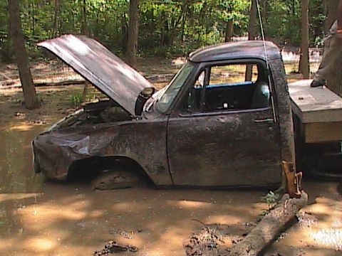 1980 Dodge Magnum - This truck is stuck deep in the mud with its hood up, surrounded by trees.