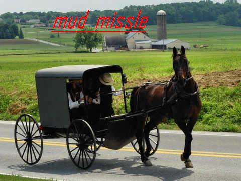 1987 Suzuki Samurai - A horse pulls a buggy down a country road, with farm buildings and fields in the background.