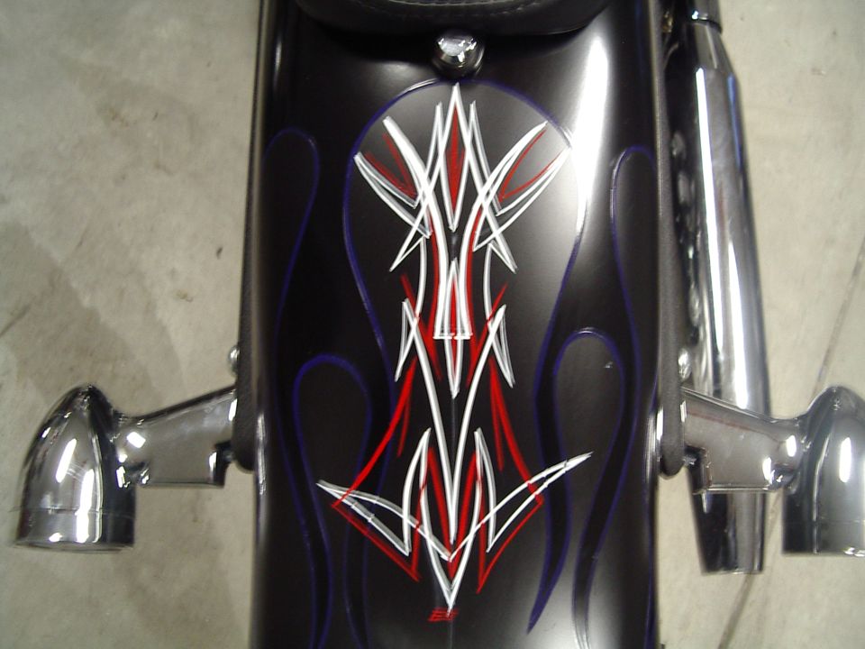 Black motorcycle fender with red, white, and blue pinstripe flames