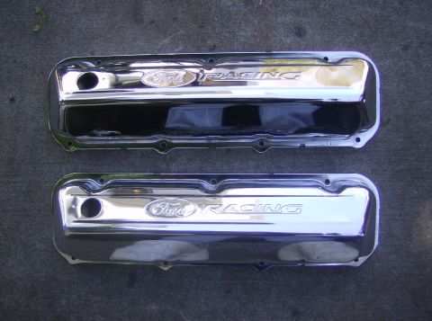 1970 Ford Ranchero - Pair of chrome Ford Racing valve covers are displayed on a textured gray background.