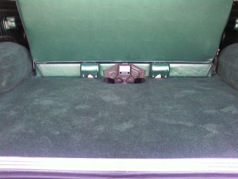 1978 Ford Bronco - The interior cargo area features green carpeting and a folded rear seat, with a visible latch mechanism.