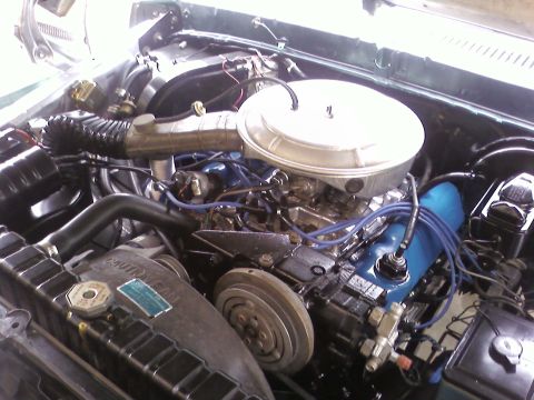 1978 Ford Bronco - Detailed view of the engine compartment in a 1978 Ford Bronco, highlighting the carburetor and blue valve covers.