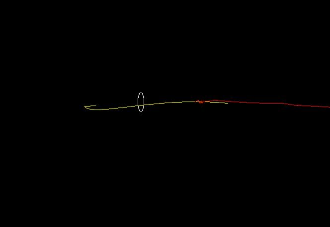 Nearly blank CAD canvas with a thin curved line and a small ellipse