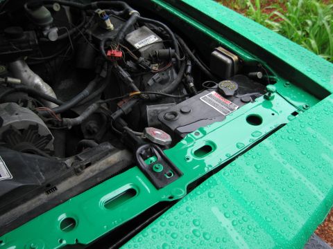 1991 Ford LTD Crown Victoria - The engine bay of a green vehicle is visible, covered in water droplets, with various components and wiring.