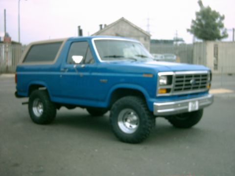 1982 Ford Bronco - This blue Ford Bronco features a tan removable top and a classic 1980s body style.